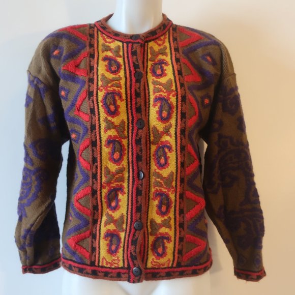 Womens Kitty Hawk By Vivian Wang Brown/Multi Print Cardigan Sweater S * - Picture 3 of 7